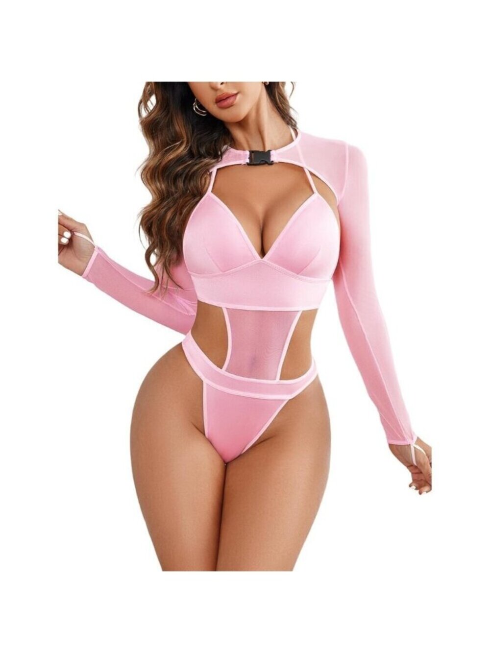 Women Pink Festival Sexy Lingerie Bodysuit Buckle Shrug Crop Top Set Outfits